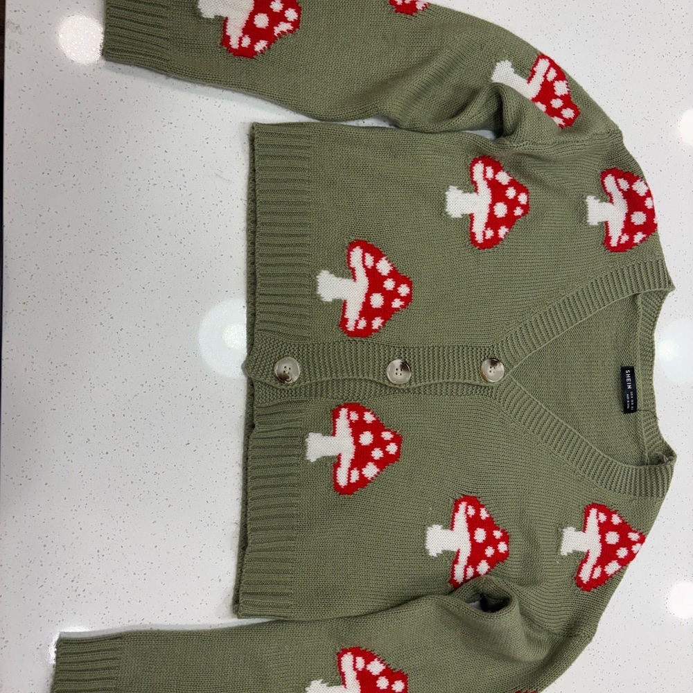 SHEIN Green Cardigan with Red Mushroom Pattern